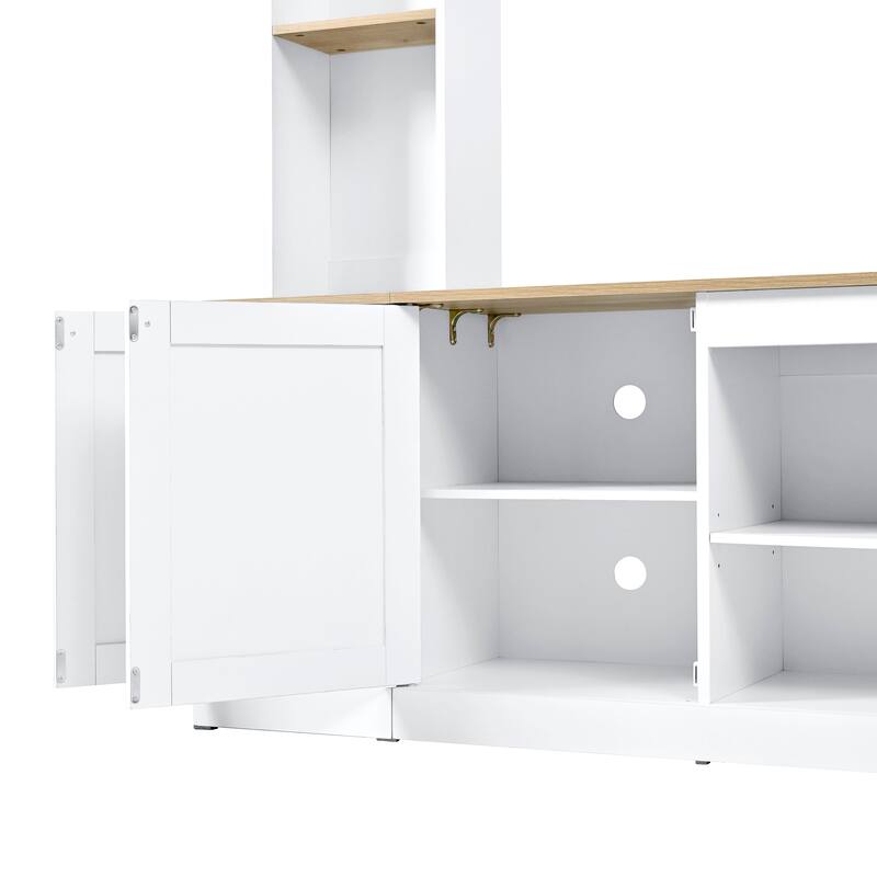 Farmhouse Arched Entertainment Center, 91" Wood Grain Media Console for 70" TVs with Bookshelf & Adjustable Shelves