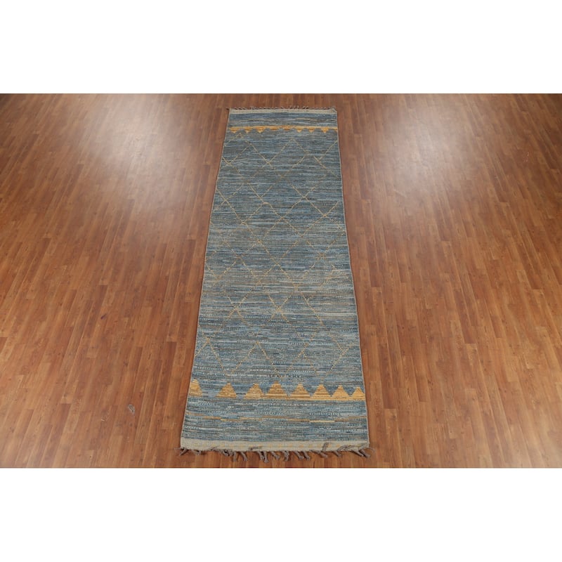 Trellis Blue Moroccan Oriental Runner Rug Hand-Knotted Wool Carpet - 4'0"x 12'3"