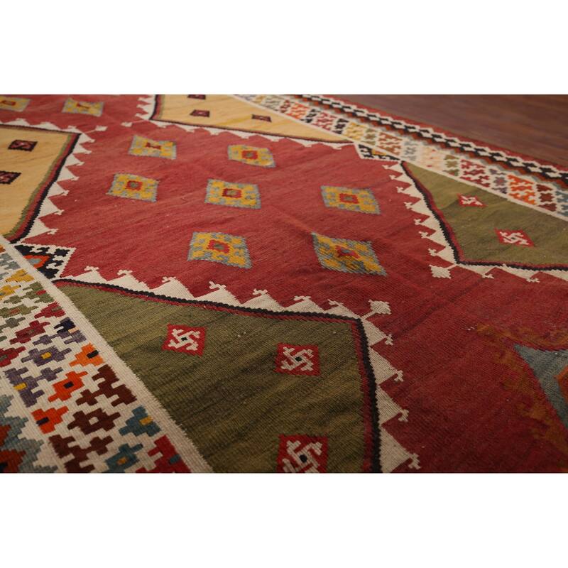 Vegetable Dye Orange Kilim Qashqai Persian Antique Wool Carpet - 4'4"x 10'10"