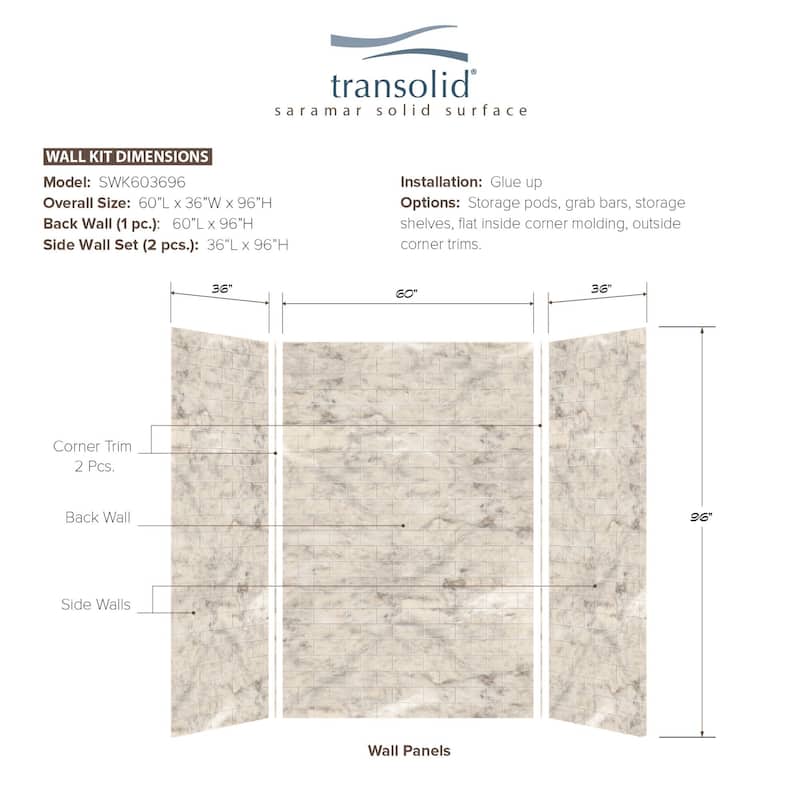 Transolid SaraMar 36-In X 60-In X 96-In Glue to Wall Shower Walls - 60" x 36" x 96" - 60" x 36" x 96"
