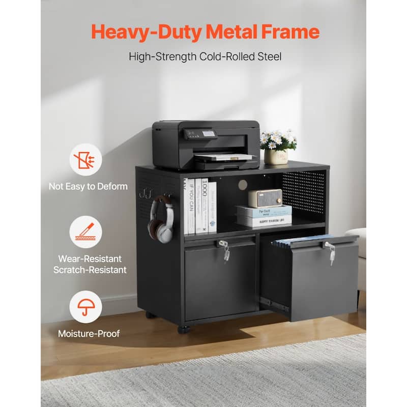 Black Cold Rolled Steel 2 Drawer File Cabinet with Lock, Hooks and Open Shelf