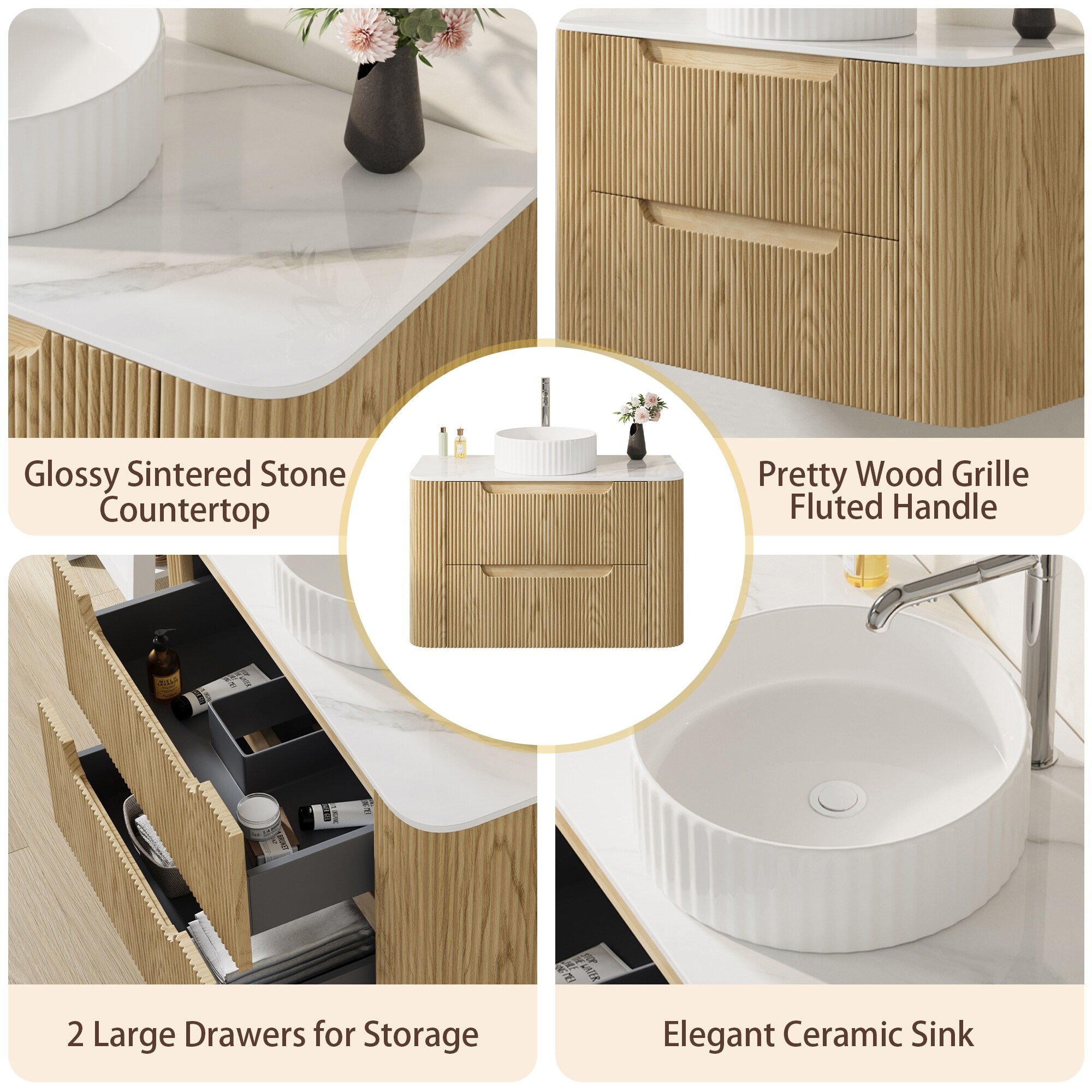 36 Floating Bathroom Vanities with Single Sink,Natural Wood Texture