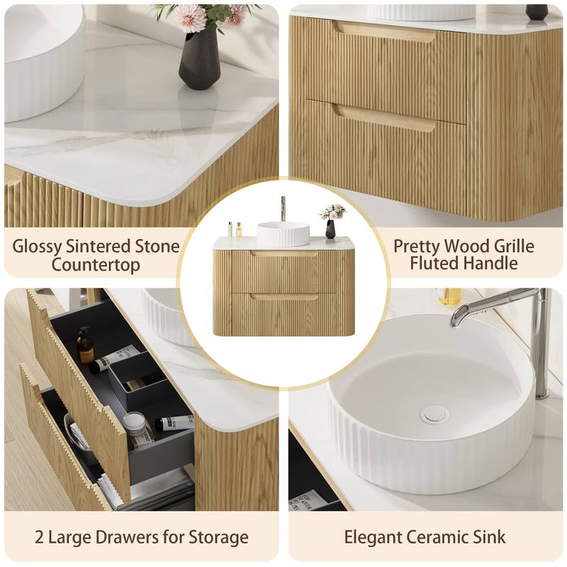 36" Floating Bathroom Vanities with Single Sink,Natural Wood Texture