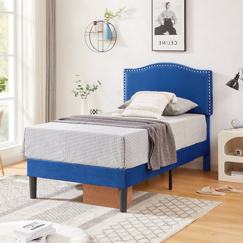 VECELO, Upholstered Platform Bed Frame with Nailhead Headboard Twin Full Queen Size Bed-Blue