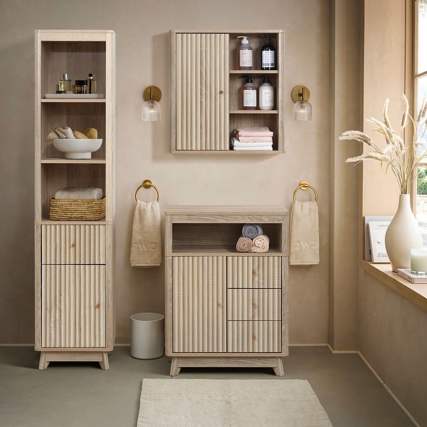 Natural Finish Wave-Patterned Manufactured Wood 1-Drawer 1-Door