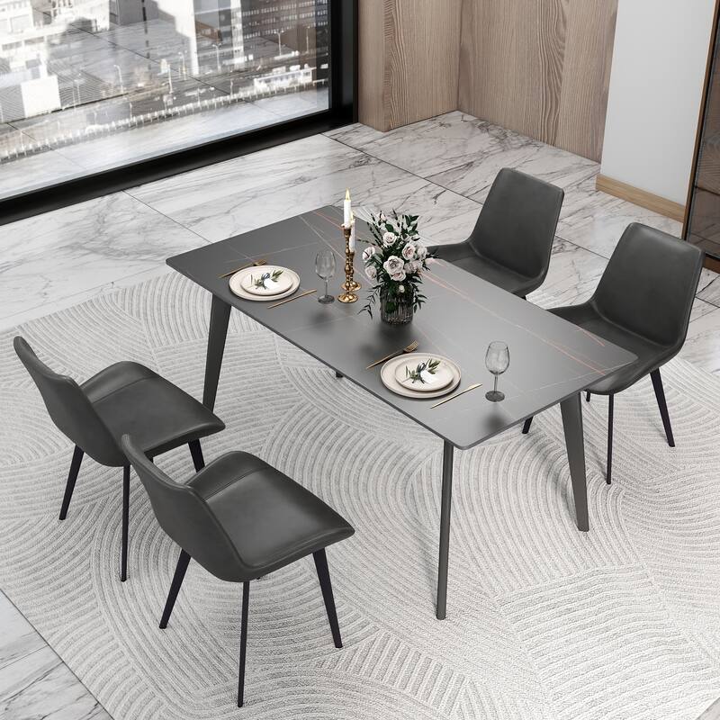 63" Dining Table for 6 with Sintered Stone Tabletop and Metal Legs - Black