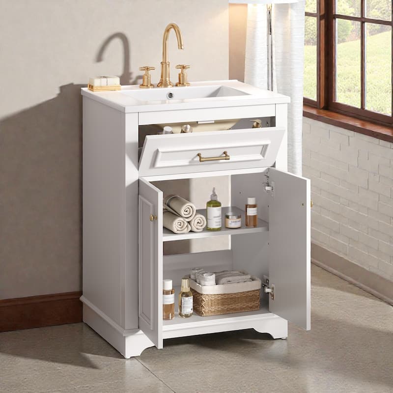 24 Inch Bathroom Vanity with Integrated Ceramic Sink, Freestanding Cabinet with Tip-Out Drawer, Small Space Vanity