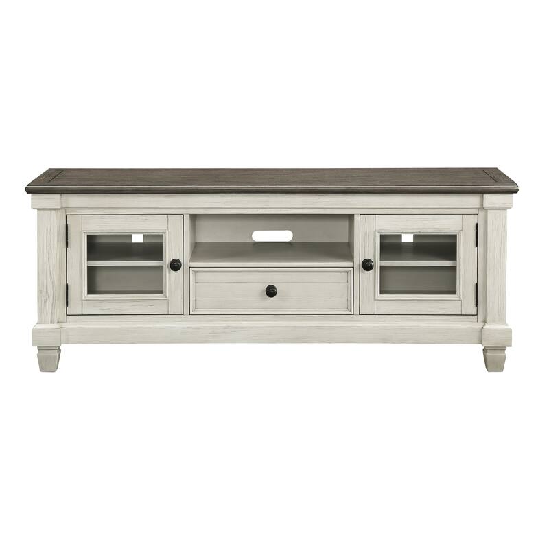 Rome 64 Inch TV Media Entertainment Console, White, Brown, Solid Wood