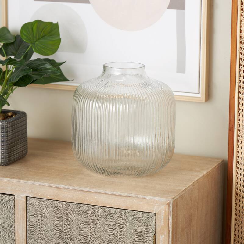 Glass Short Round Ribbed Fluted Vase - Clear - Roche River Decor