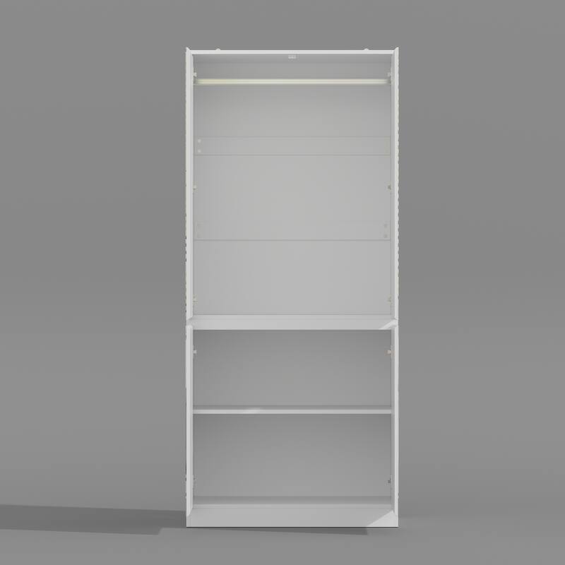 Modern Mirrored Wardrobe Armoire with Hanging Rod White Bedroom Storage Cabinet, Freestanding Closet Organizer