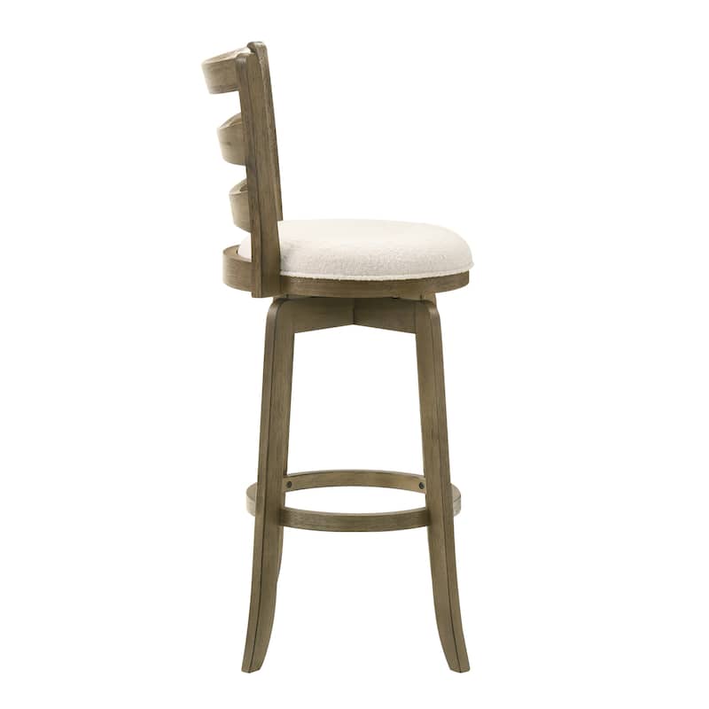 Melindra White Boucle Swivel Bar Stool, Upholstered Counter Stool with Solid Wood Legs