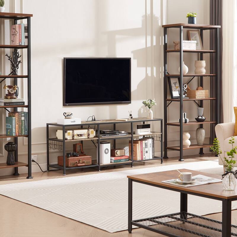 VECELO Wood TV Stand with Charging Station with Metal Frame, Storage Shelves Entertainment Center TV Cabinet