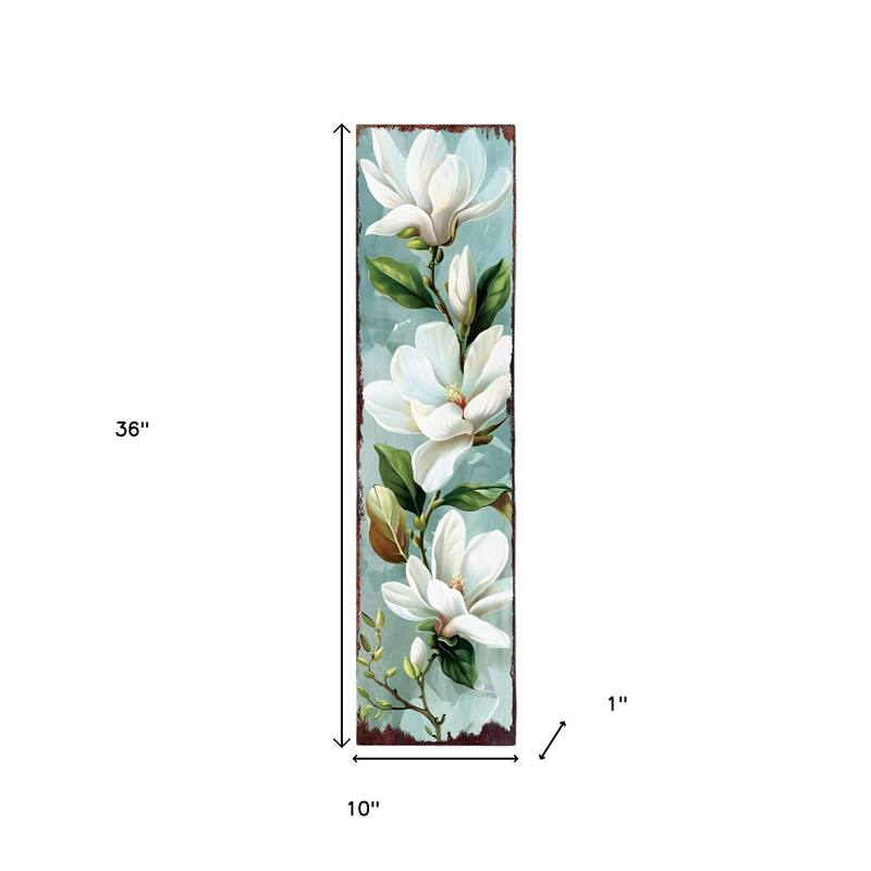 HomeRoots 36" Blue Green And White Magnolia Solid Wood Porch Sign