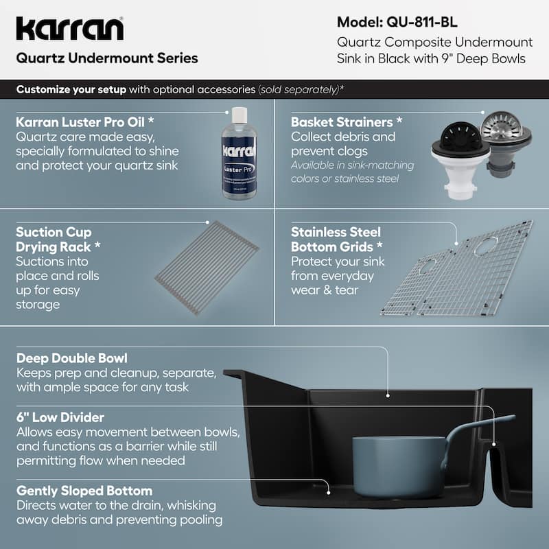 Karran Undermount Large/Small Bowl Quartz Kitchen Sink - 32" x 21.25" x 9" - 32" x 21.25" x 9"