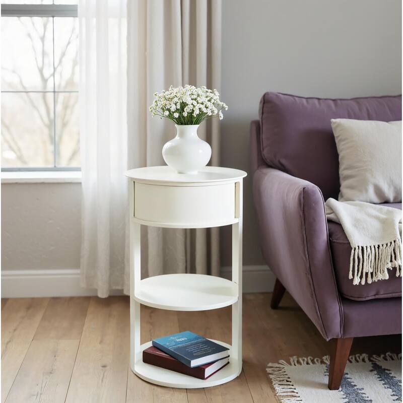 Indoor 3-Tier Metal Round Side Table with Sliding Door Cabinet - Matte White