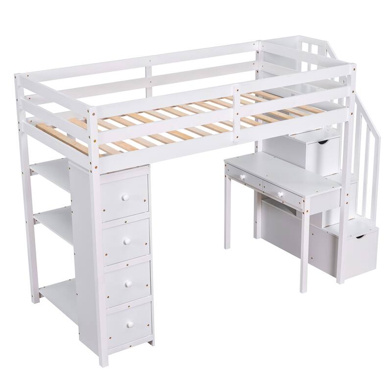 White Twin Loft Bed with Storage Drawers, Desk, Shelves and Stairs - Space Saving Wooden Design
