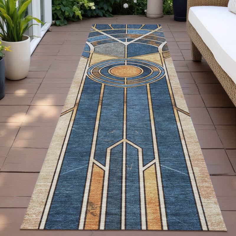 Machine Washable Indoor/Outdoor Modern Mosaic Chantille Rug - Blue - 2'3" x 7'6"
