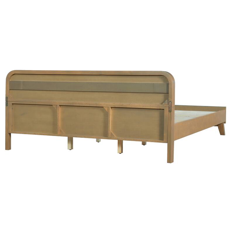 Rustic Pine Wood Bed Frame Low-Profile Platform Bed with Panel Headboard Solid Wood Slat Support and Extra Wide Thickened Legs