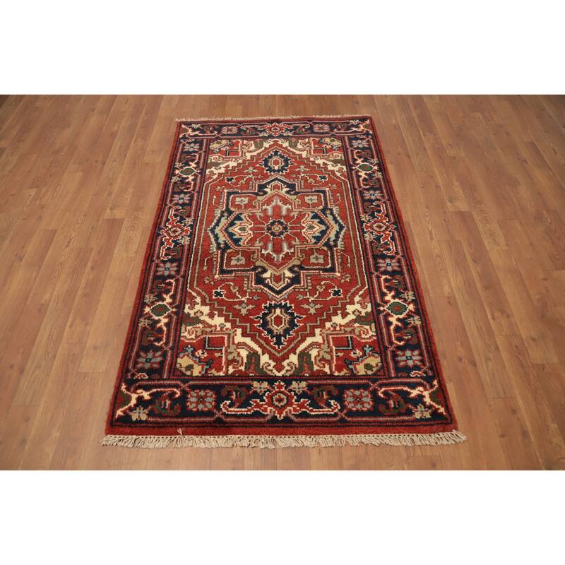 Hand Knotted Oriental 100% Wool Carpet Traditional Medallion Oranges & Rust Heriz (serapi) Area Rug - 4' 11'' X 3' 1''