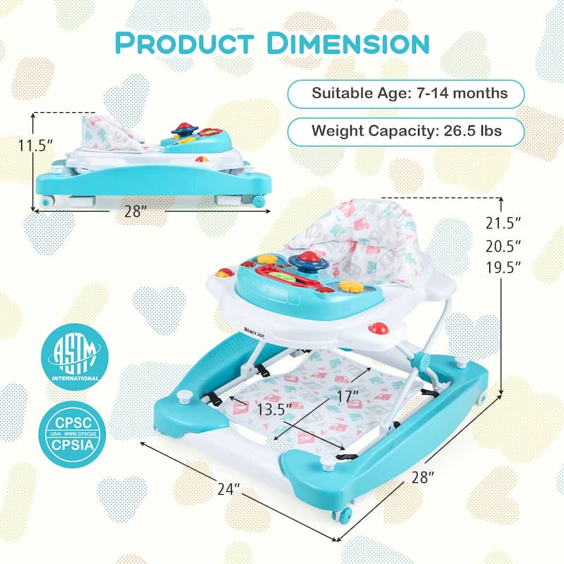 6 in 1 Foldable Baby Walker with Adjustable Height - 28" L x 24" W x 19.5" H