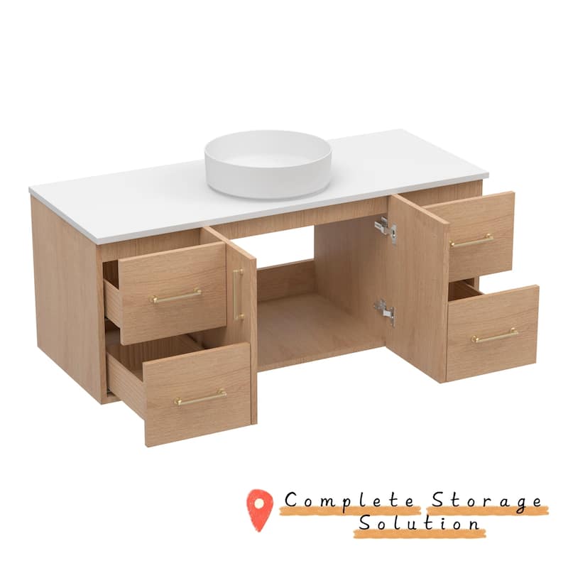 Prismella 36" 48" Floating Vanity with Round Vessel Sink, Quartz Top