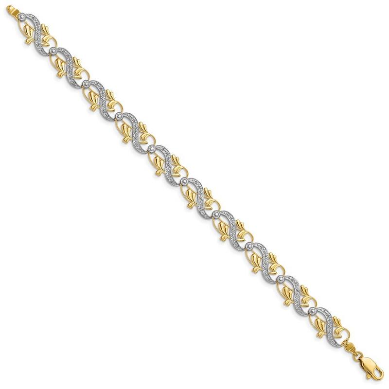 Curata 14k Yellow Gold D C White Dots Connecting Sash and Leaves Two color Bracelet 7.5 Inch