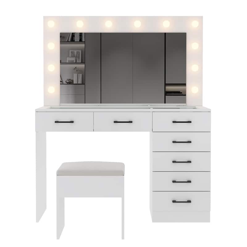 White Vanity Desk Set with LED Lighted Mirror Cushioned Stool 7 Drawers Glass Tabletop and USB Charging Station