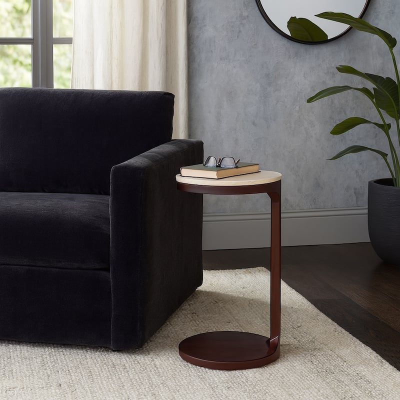 Marble Stone Accent Table Morden Design Top Walnut Base - 26" Ivory - 17" x 13" x 26"