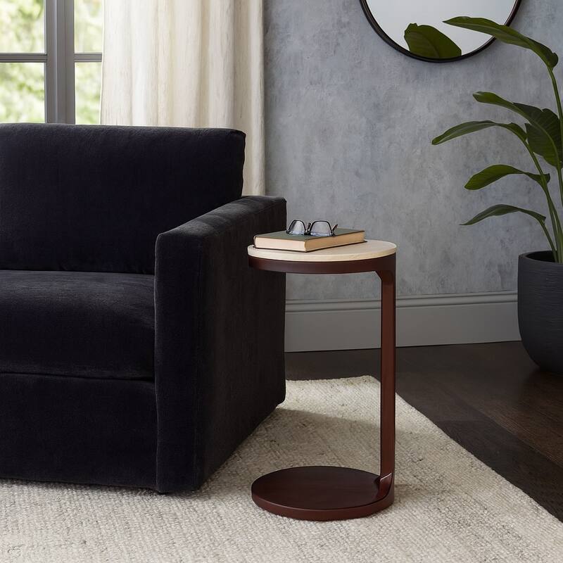 Marble Top Wood Modern C-Shaped End Table - Ivory, 26 in. - 17" x 13" x 26"