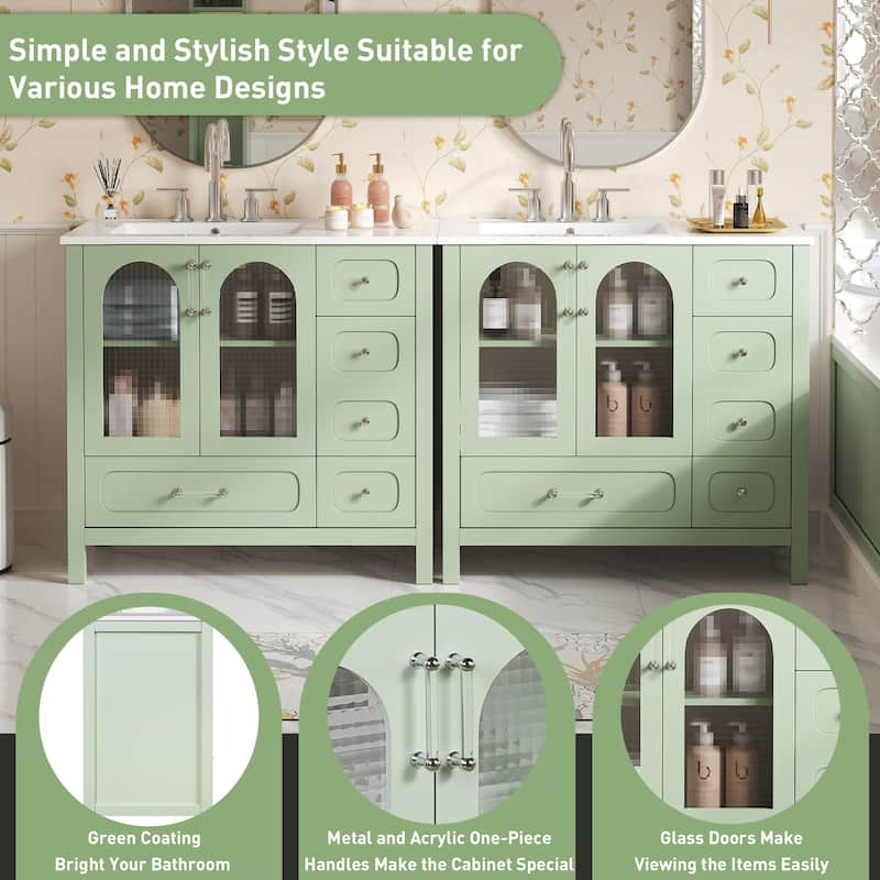 GDFStudio - Wesbridge Modern Double Sink Bathroom Vanity Set with 8 Drawers, 4 Soft-Closing Glass Doors - 72'W