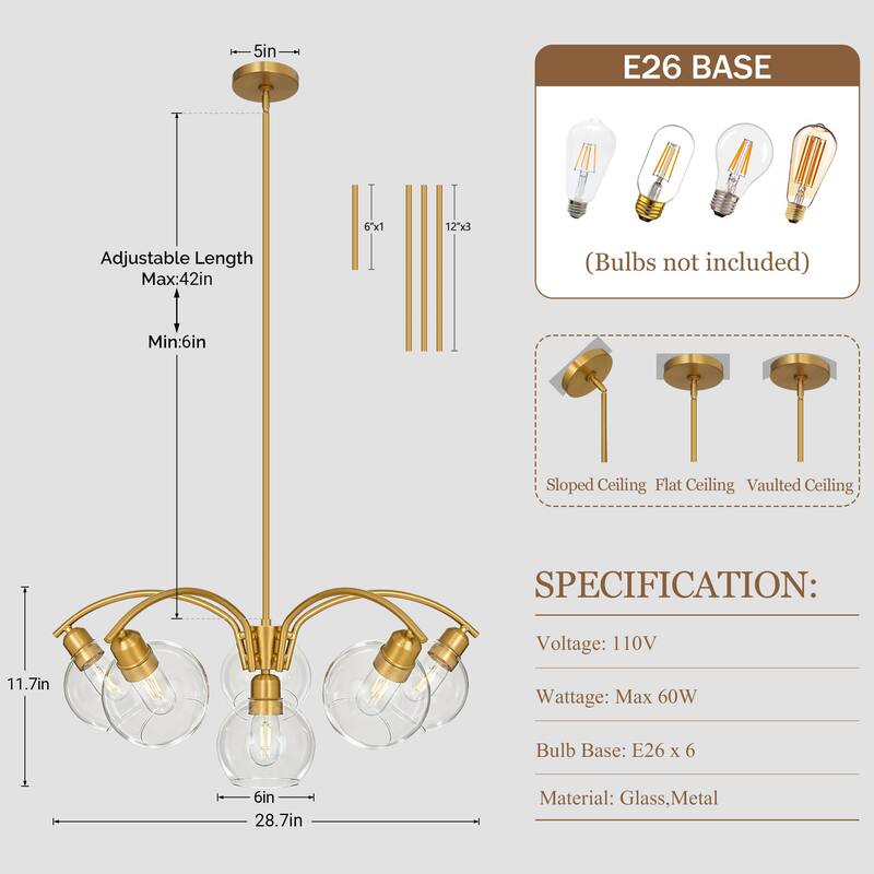 LamQee Sputnik Metal Chandelier with Clear Glass Globe Shades