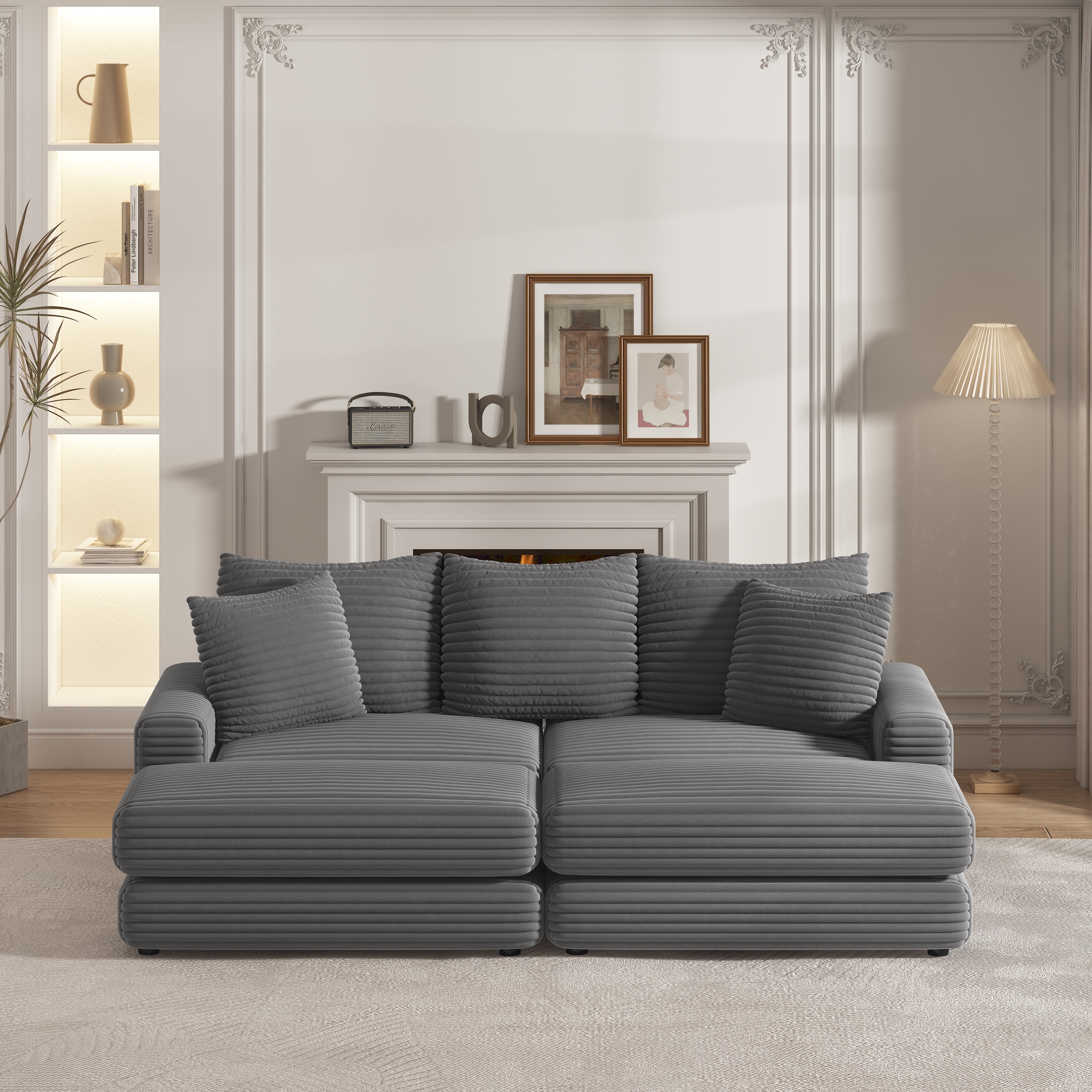 Corduroy Seat Sofa w/Back Pillow Ottoman, for Living Room