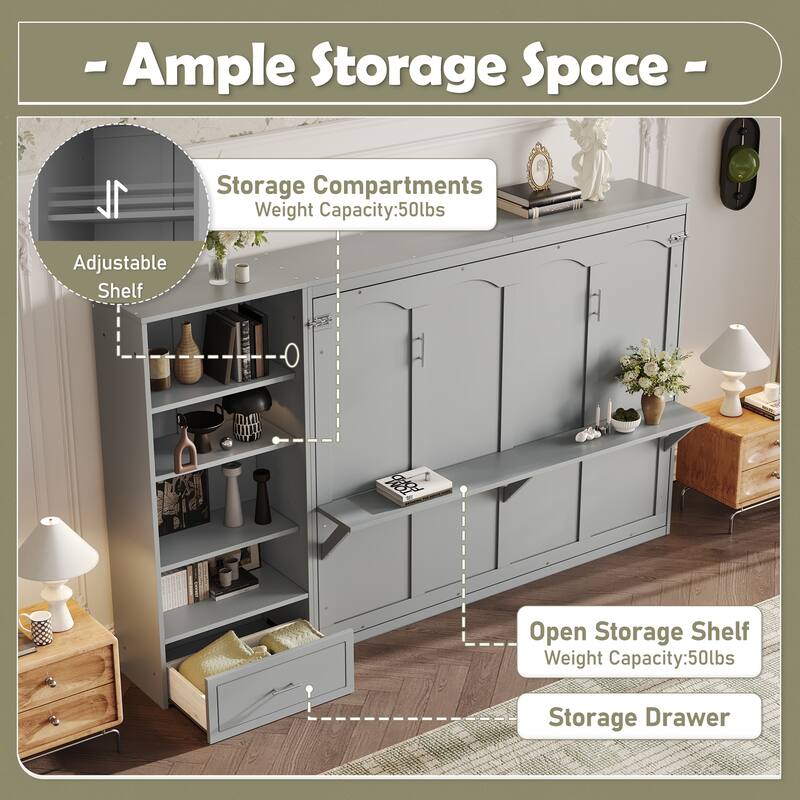 Murphy Bed Queen Size Wall Bed Heavy Duty Cabinet Bed Frame with with 4-Tier Storage Compartments 1 Drawer Convertible Bed