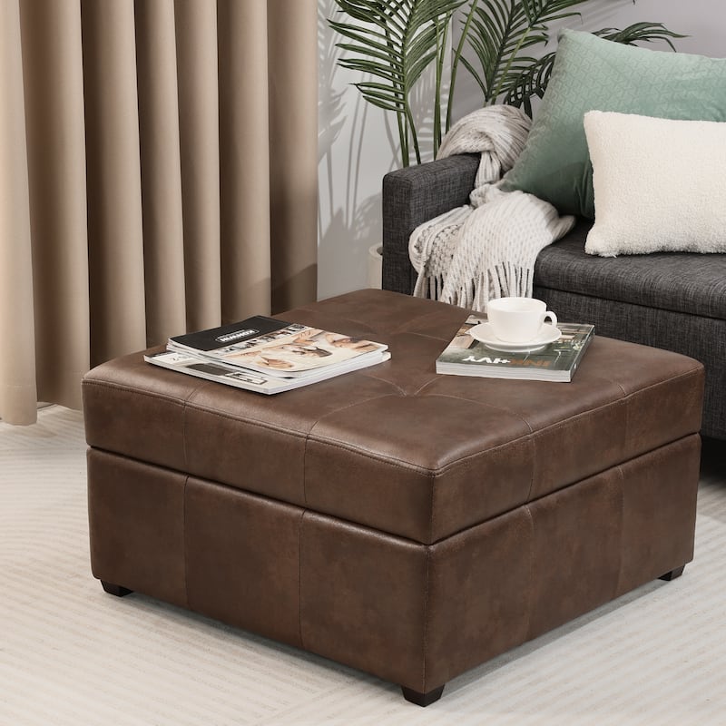 Adeco Storage Ottoman Square Bench Tufted Footrest for Living Room