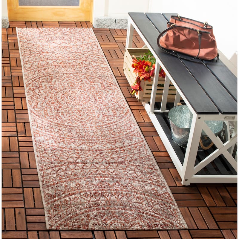 SAFAVIEH Courtyard Fran Mandala Indoor/ Outdoor Waterproof Patio Backyard Rug - 2'3" x 8' Runner - Light Beige/Terracotta