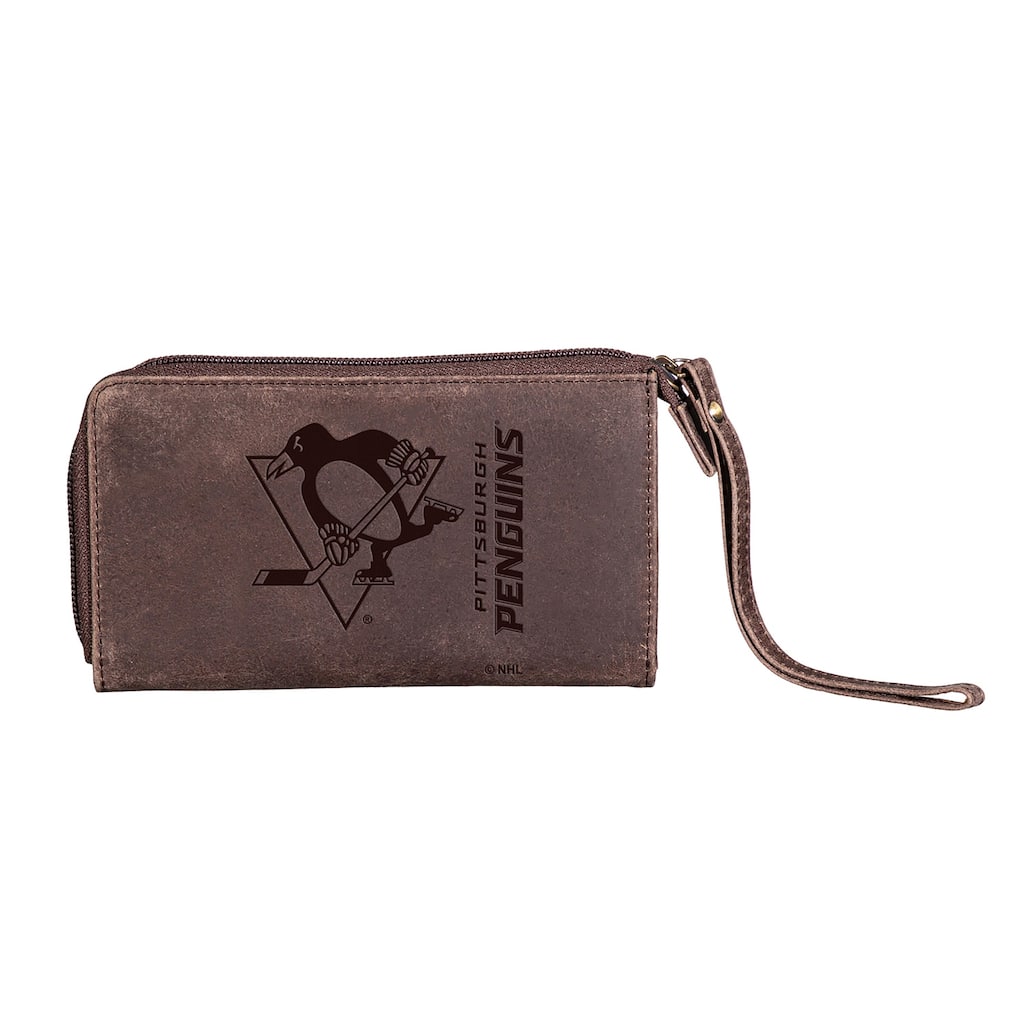 Brown Leather Cell Phone Wristlet Wallet, Pittsburgh Penguins - 4" x 7"