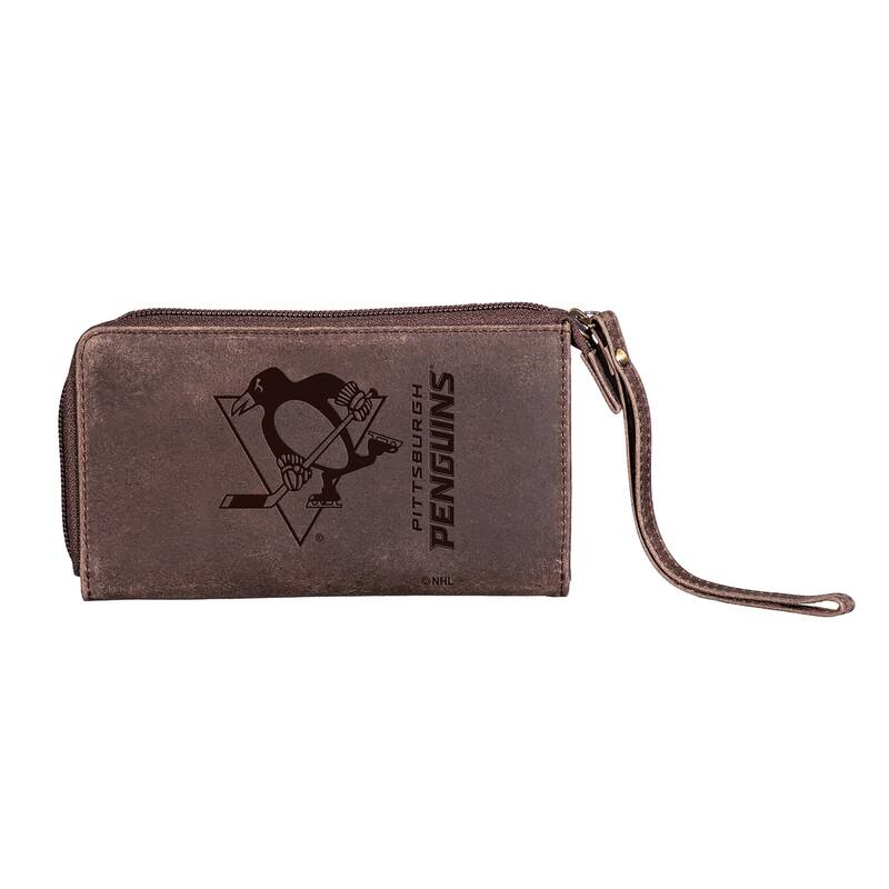 Brown Leather Cell Phone Wristlet Wallet, Pittsburgh Penguins - 4" x 7"