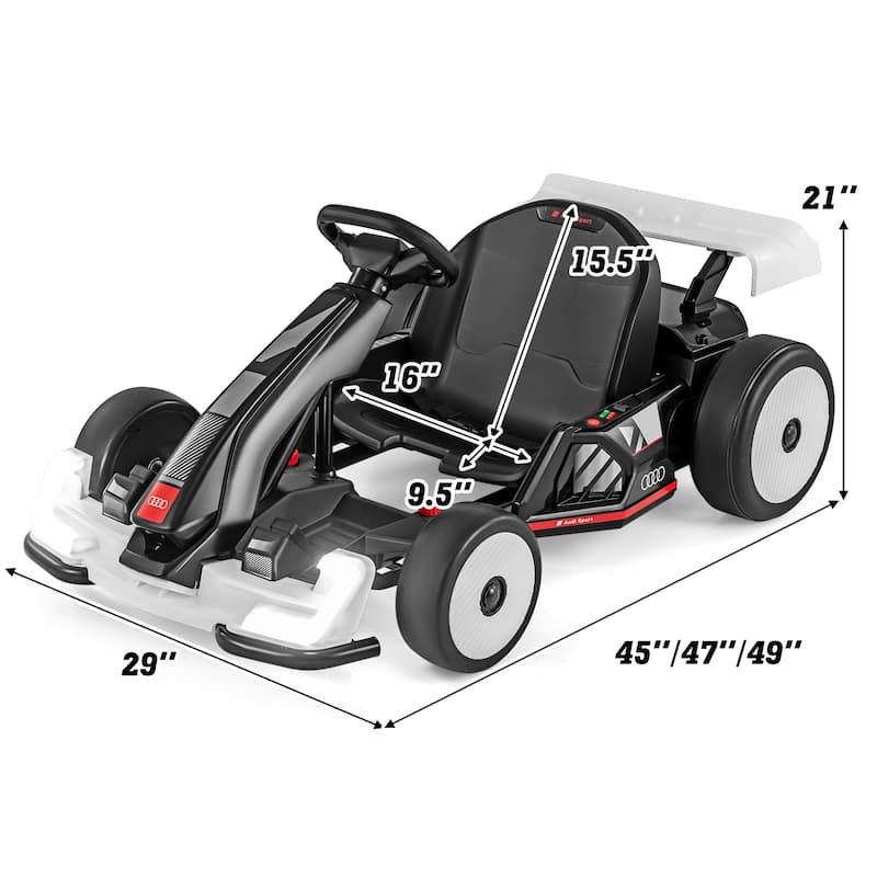 Kids Ride-On Electric Go Kart with Drift Mode and Safety Harness USB Music, and AUX Input - 45"/47"/49" x 29" x 21" (L x W x H)