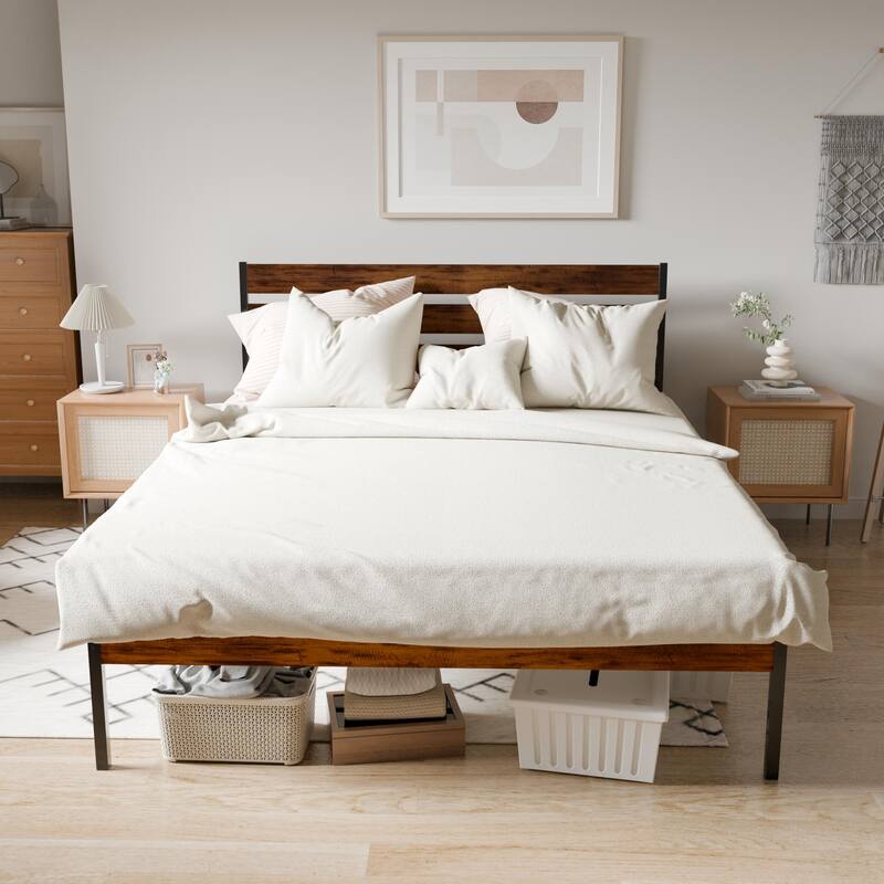 Metal Platform Bed Frame with Headboard and Footboard/Queen Bed Frame with Under Bed Storage/Metal Support System/Black Brown