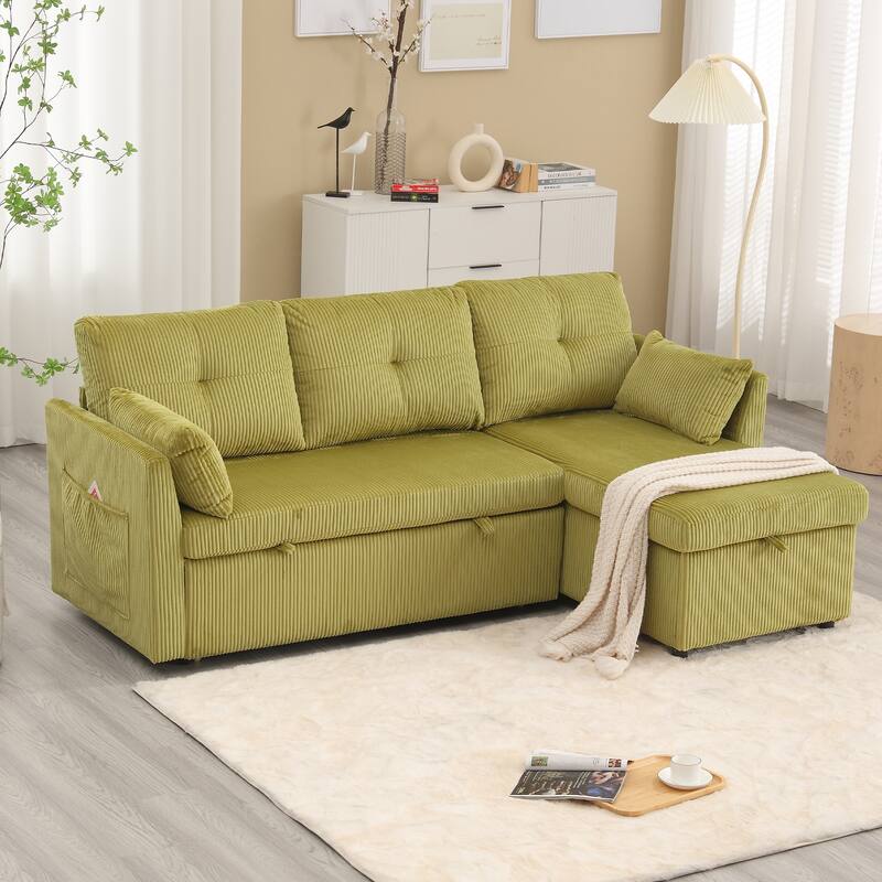 Corduroy/Chenille Upholstered L-Shaped Storage Reversible Chaise Sectional Sofa with Side Pocket - Olive+Corduroy