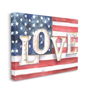 Stupell Vintage Love Text Over Stitched American Flag Canvas Wall Art ...