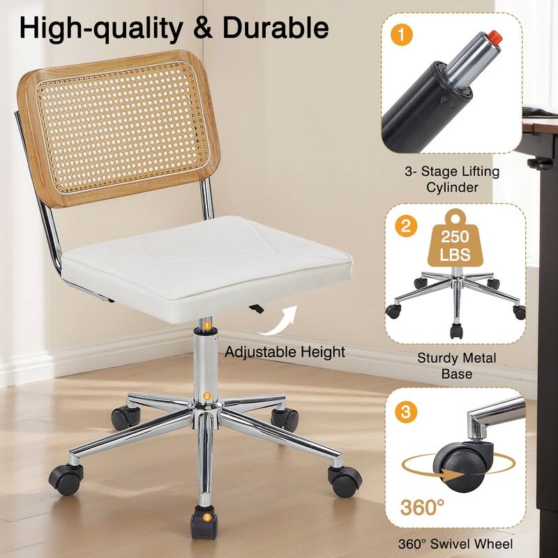 Javlergo Armless Home Office Desk Chair, Height Adjustable PU Leather Computer Task with 360° Swivel Rolling Wheels