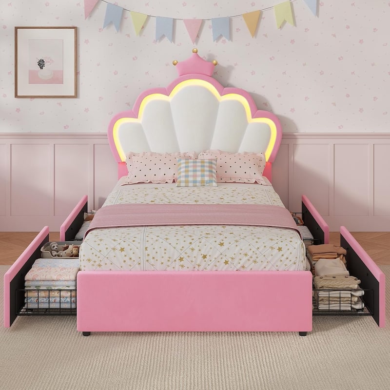 Bed Frame LED Lights Girls Bed Princess Crown Velvet Upholstered Platform Bed