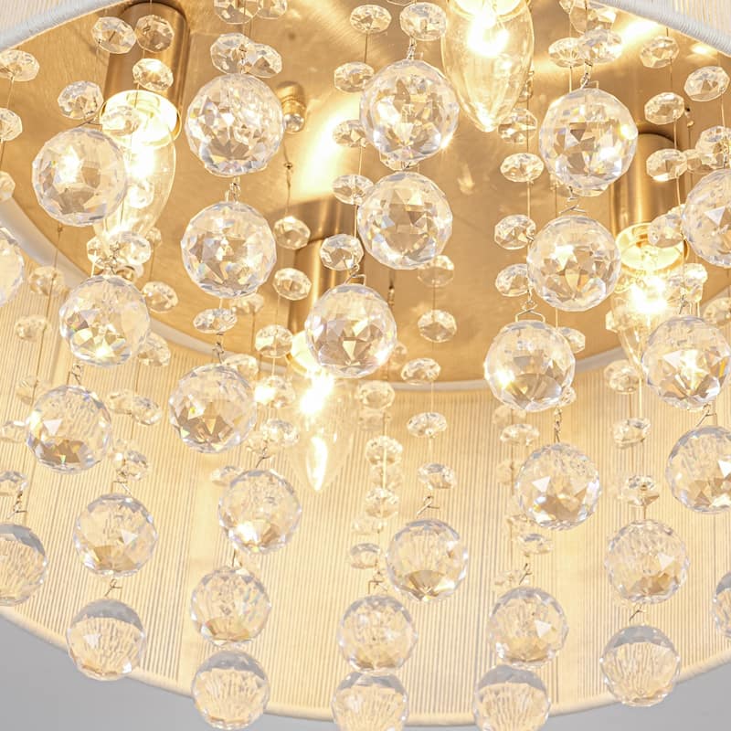 4-Light Modern Luxury Textured Fabric & Crystal Flush Mount with Crystal Droplets for Living Room - 15.7 in. W x 8.7 in. H