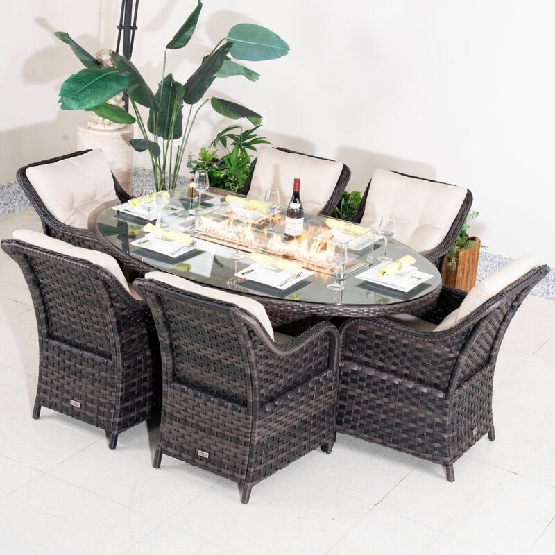 Modern Outdoor Wicker Patio Furniture Set with Oval Fire Pit Table - Brown