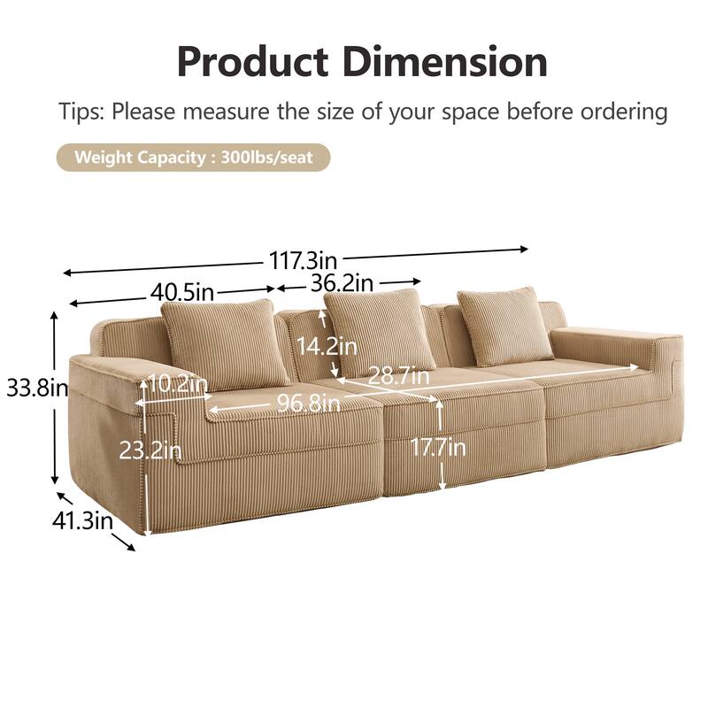 GDFStudio - Modular 3-Seater 117.3" Corduroy Boneless Cloud Sofa