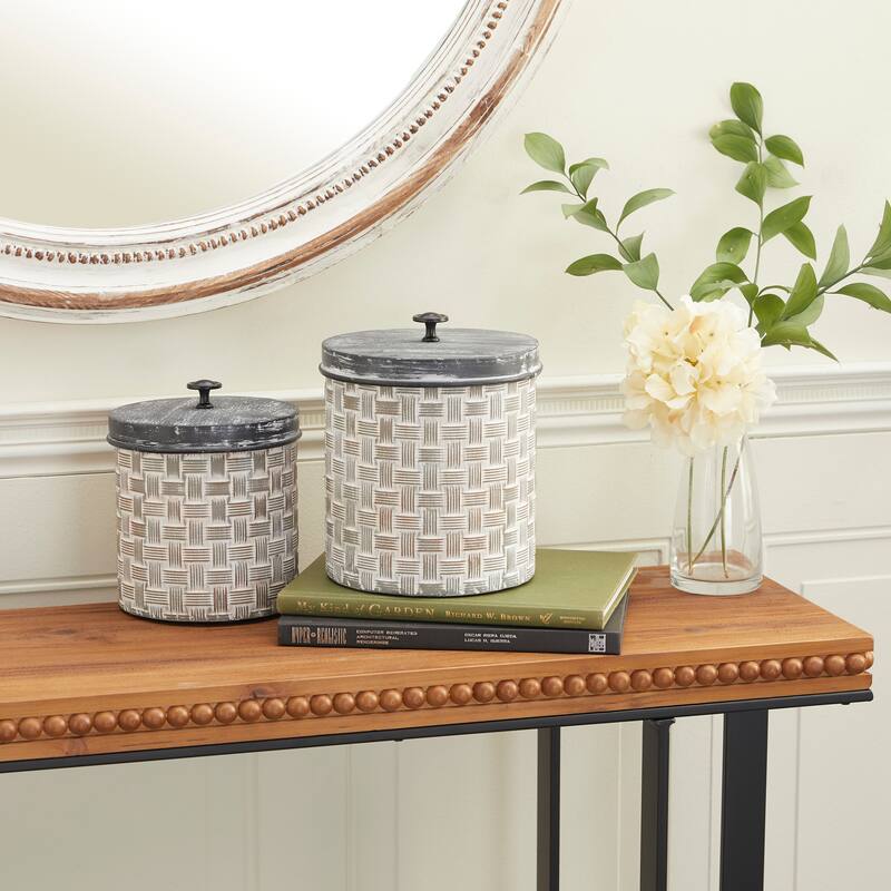 Brown Metal Living Room Decorative Jars with Weave Inspired Pattern (Set of 2) - Brown
