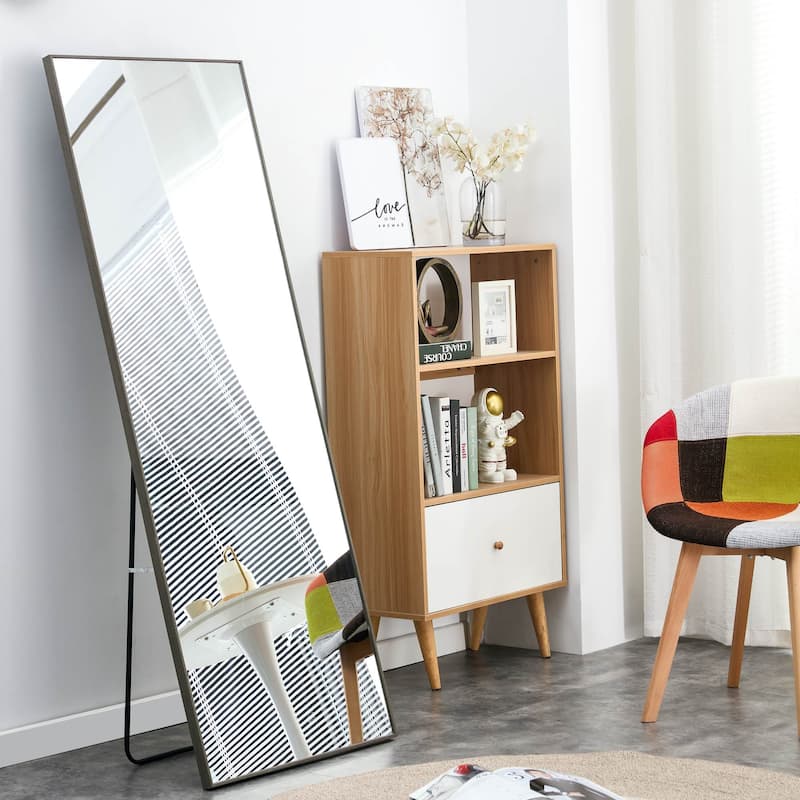 Full-Body Gray Solid Wood Frame Mirror, 65"x23", Floor or Wall Mounted for Bedrooms and Entryways - Gray