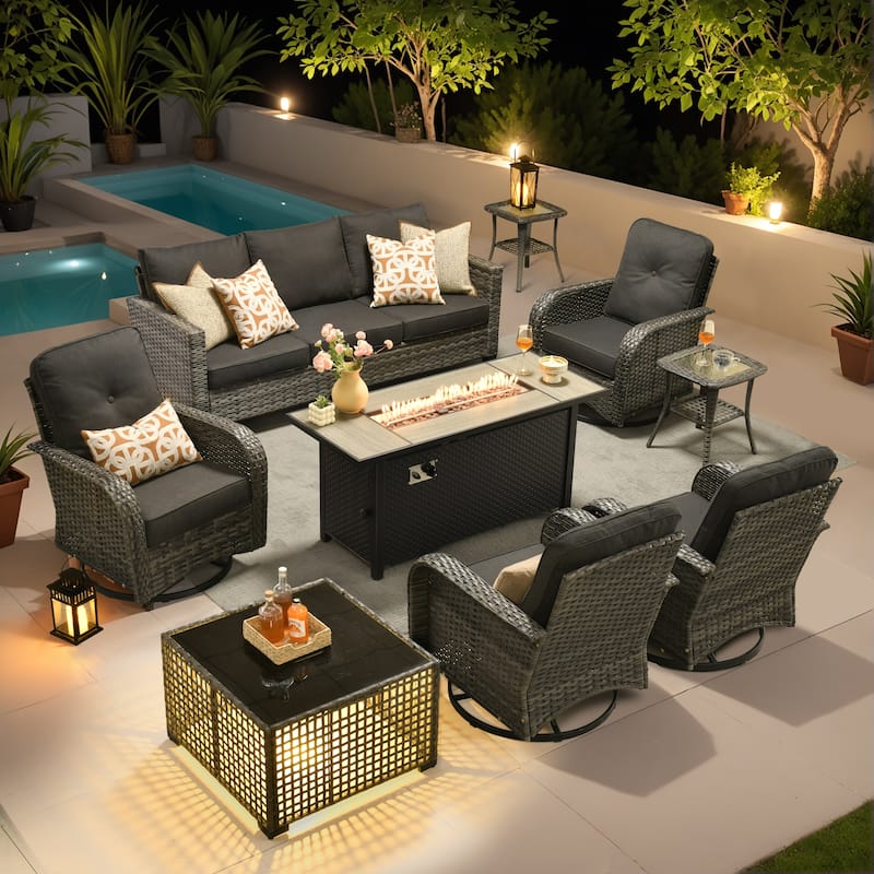OVIOS 9-Piece Outdoor Wicker Conversation Set with Fire Pit