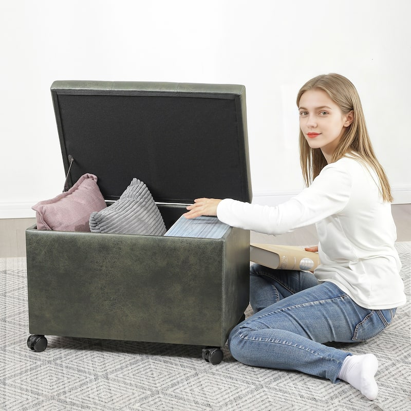 Adeco Faux Leather Storage Ottoman for Living Room Footstool